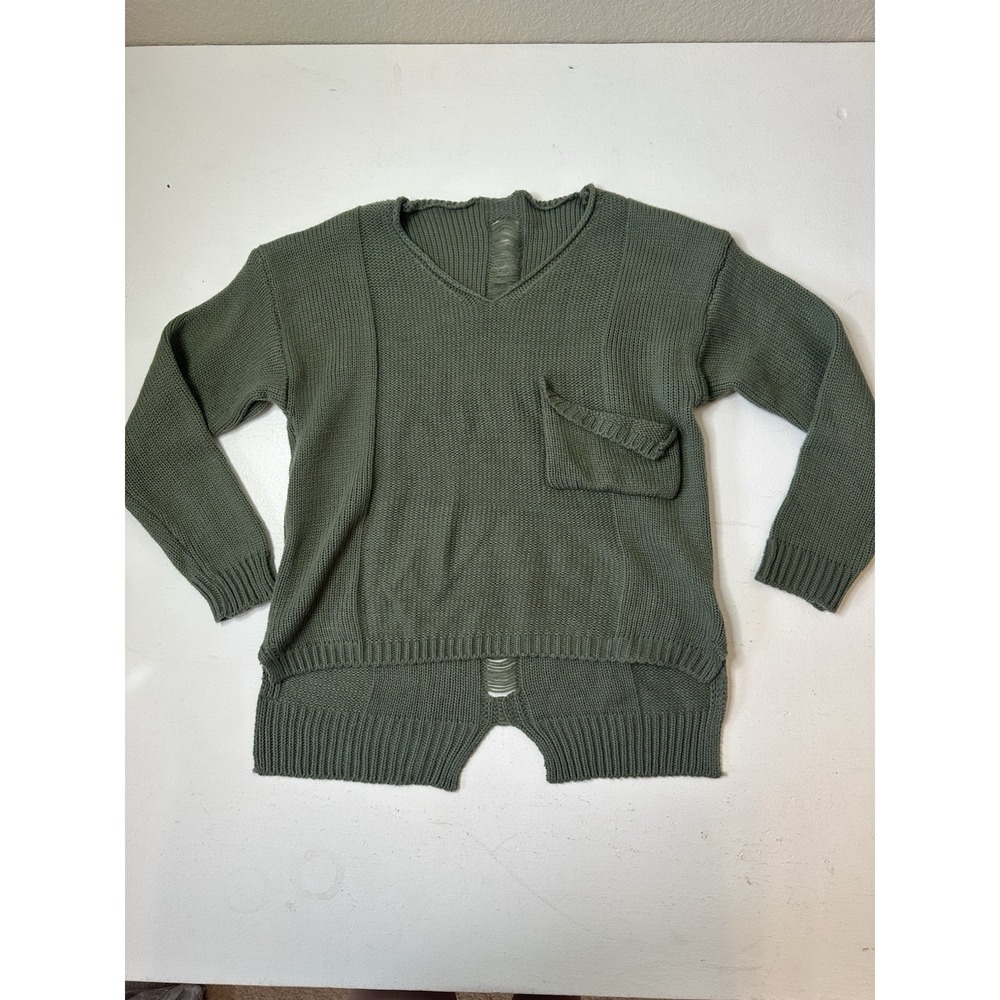 Women's Olive Green Distressed Knit Sweater – Unique Design